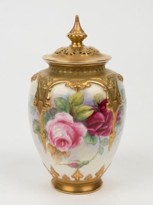 ROYAL WORCESTER English porcelain potpourri vase with hand-painted roses, signed "S. P. Huntley", black factory mark to base, 16cm high
