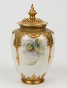 ROYAL WORCESTER English porcelain potpourri vase with hand-painted roses, signed "S. P. Huntley", black factory mark to base, 16cm high - 2