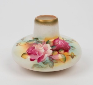 ROYAL WORCESTER English porcelain vase with hand-painted rose decoration, signed "M. Hunt", black factory mark to base, 7.5cm high, 10.5cm wide