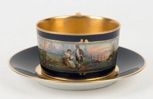 An antique Italian blue and gilt porcelain cabinet cup and saucer with hand-painted romantic scene, 19th/20th century, signed "Rigo & Co., Venezia", the saucer 15cm diameter