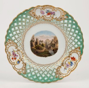 MEISSEN antique German pierced porcelain cabinet plate with hand-painted river scene, 19th century, blue crossed swords mark to base, ​​​​​​​24cm diameter