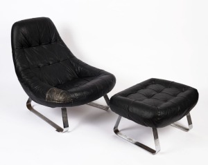 EARTH CHAIR Brazilian black leather vintage armchair on chrome skid base with matching footstool, circa 1970, 83cm high, 70cm wide
