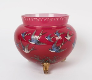 MOSER antique Bohemian glass jardiniere decorated with enamel swallows in flight, 19th century, ​​​​​​​21cm high, 23cm wide