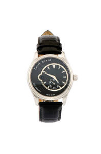 LOUIS ERARD: Swiss automatic chronograph wristwatch with black dial and original booklet.