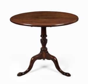 A Georgian III tilt-top mahogany wine table with solid one piece top, turned and tapering stem with quilled decoration terminating on fine cabriole legs on slipper, circa 1780, ​​​​​​​72cm high, 80cm diameter