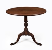 A Georgian III tilt-top mahogany wine table with solid one piece top, turned and tapering stem with quilled decoration terminating on fine cabriole legs on slipper, circa 1780, ​​​​​​​72cm high, 80cm diameter