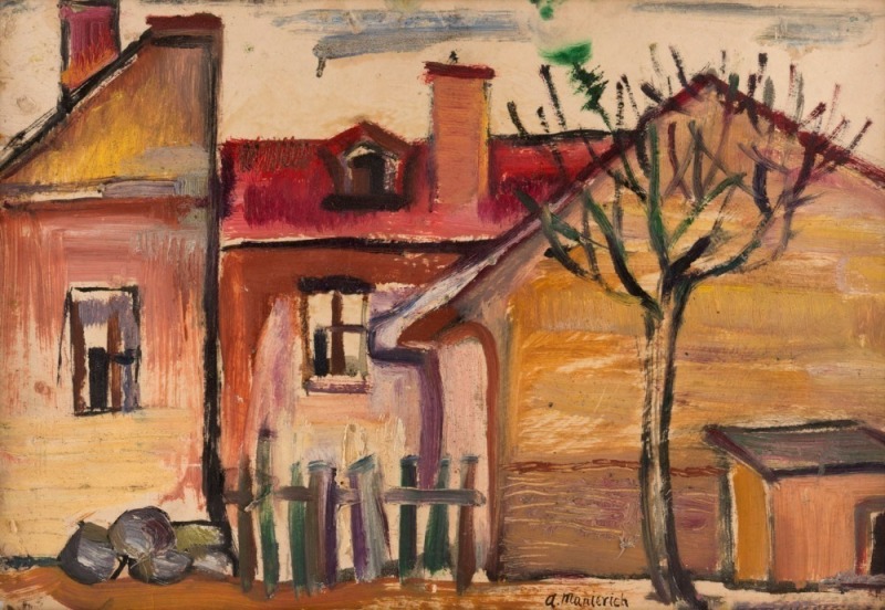 ABRAHAM MANIEVICH (Belarus, USA, 1881 - 1942), Study in Houses,  oil on board, signed "A. Manievich" at base, 34 x 49cm; overall 41 x 56cm. Accompanied by notes and research from a previous owner. The painting may be unfinished.