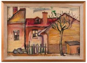 ABRAHAM MANIEVICH (Belarus, USA, 1881 - 1942), Study in Houses,  oil on board, signed "A. Manievich" at base, 34 x 49cm; overall 41 x 56cm. Accompanied by notes and research from a previous owner. The painting may be unfinished. - 2