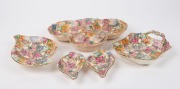 FENTON "CRAZY PAVING" assorted English chintz&nbsp;porcelain dishes and bowls, circa 1930, factory mark to bases, the largest 24.5cm wide