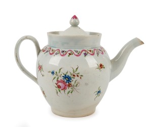 NEWHALL pearl ware antique English tea pot and lid with hand-painted decoration, circa 1790, 18cm high.