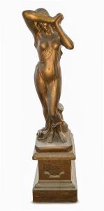 A vintage statue of a standing lady, chalk ware with painted gilt finish and painted gilt concrete base, 20th century, A/F, ​​​​​​​signed to base, 150cm high overall