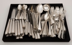 Antique English sterling silver cutlery set with beaded edges, by George Angell of London, mid 19th century, ​​​​​​​3950 grams (not includine knives)