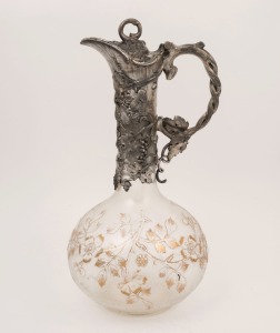 An antique English claret jug with silver plated mounts and acid etched cameo butterfly and floral decoration with remains of gilded highlights, 19th century, ​​​​​​​31cm high