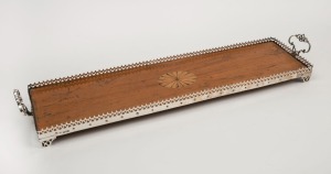 An antique English sterling silver tray with parquetry top by Charles Boyton of London, circa 1899, 64cm across the handles