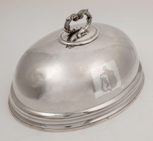 A Georgian Sheffield plate meat cover with engraved armorial crest, early 19th century, 20cm high, 35cm wide