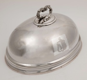A Georgian Sheffield plate meat cover with engraved armorial crest, early 19th century, ​​​​​​​20cm high, 35cm wide