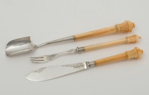 An antique English condiment set, comprising a stilton scoop, pickle fork and pate knife, sterling silver and ivory, made in Sheffield, circa 1882, (3 items), the scoop 22cm long