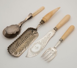 Antique sterling silver and ivory fish servers, together with a silver plated crumb tray and server, 19th century, (4 items), the crumb tray 36cm long