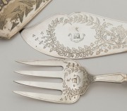 Antique sterling silver and ivory fish servers, together with a silver plated crumb tray and server, 19th century, (4 items), the crumb tray 36cm long - 2