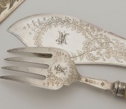 Antique sterling silver and ivory fish servers, together with a silver plated crumb tray and server, 19th century, (4 items), the crumb tray 36cm long - 3