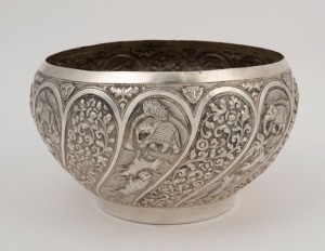 An antique Indian silver bowl, 19th/20th century, 12cm high, 20cm wide, 588 grams