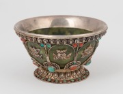 A Tibetan silver mounted jade bowl encrusted with coral and turquoise, 19th/20th century, 6cm high, 10cm diameter - 2