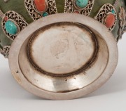 A Tibetan silver mounted jade bowl encrusted with coral and turquoise, 19th/20th century, 6cm high, 10cm diameter - 4