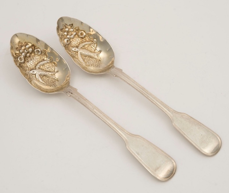 A pair of antique English sterling silver berry spoons made by Robert, James & Josiah Williams of Exeter, circa 1852, ​​​​​​​22.5cm long, 170 grams total