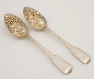 A pair of antique English sterling silver berry spoons made by Robert, James & Josiah Williams of Exeter, circa 1852, ​​​​​​​22.5cm long, 170 grams total