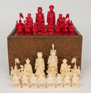 CHESS: An antique Chinese carved ivory set in later timber box, 19th century, ​​​​​​​the kings 10.5cm high