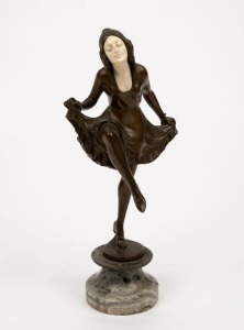 JOSEF ULRICH (Austria, 1857-1930), dancing lady, cast bronze and carved ivory on onyx base, signed "J. ULRICH", early 20th century, 24cm high