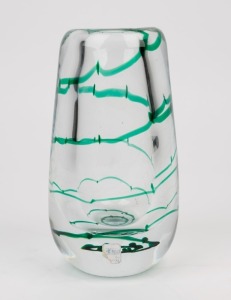 KOSTA Swedish art glass vase with green trailing inclusions by LINDSTRAND, engraved marks to base and bearing remains of original foil label, 20cm high