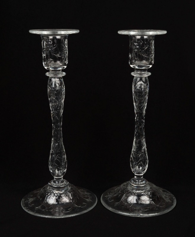 A pair of fine English glass candlesticks, engraved "Designed by W. King. Executed by J. Banke",  22.5cm high