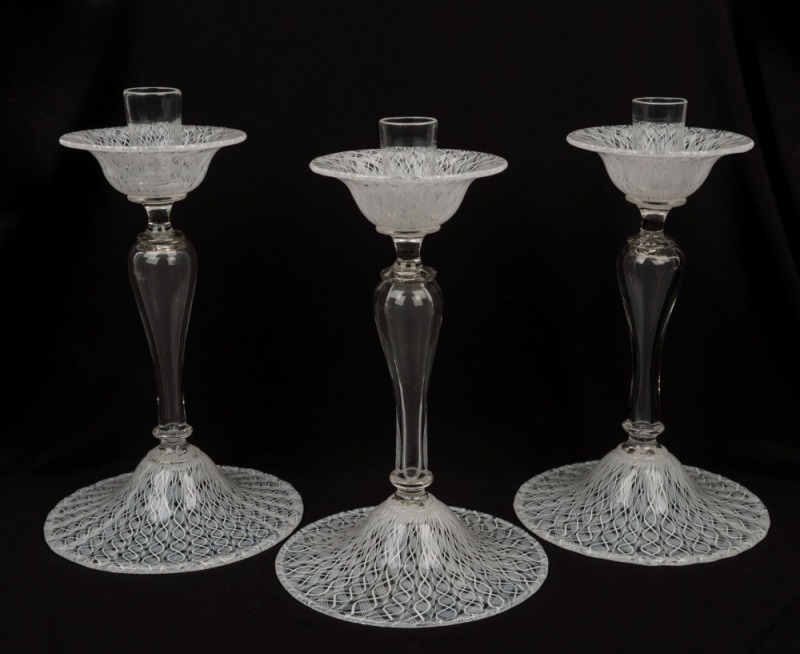 A set of three latticino MURANO glass candlesticks, mid 20th century, 25cm high