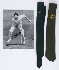 1968 AUSTRALIAN TOUR OF ENGLAND: Alan Connolly's official Australian team silk tie with embroidered Australian coat-of-arms; another Australian team tie in pure green wool, with embroidered kangaroo over "LXVIII / U.K."; together with an autographed photo