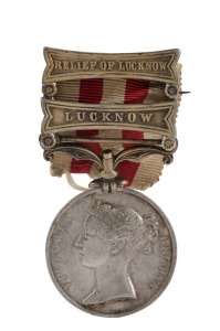 CAMPAIGN MEDAL: Indian Mutiny Medal 1858, awarded with two bars, Lucknow and Relief of Lucknow to Frans. McLELLAND, 3rd MADrs&nbsp;EURpn&nbsp;REGt. with portion of the original ribbon.