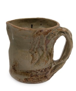 MERRIC BOYD pottery jug with windswept tree handle and landscape scene, incised "Merric Boyd, 1940", 12cm high, 15cm wide