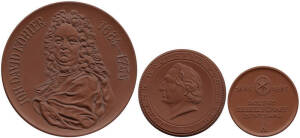 Antique English shop tokens (24) & 3 German ceramic medallions.