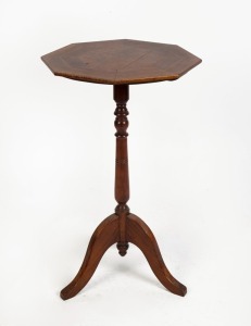 An antique Tasmanian wine table, octagonal top with select native veneers including Blackwood and musk, turned tapering stem terminating on three cabriole&nbsp;legs. Circa 1880, 71cm high, 41cm wide.