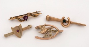 Four antique 9ct gold brooches, set with stones, 19th/20th century, ​​​​​​​the largest 4.3cm wide, 7.3 grams total