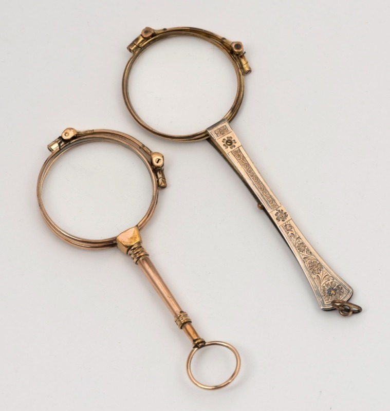 Two antique French rolled gold lorgnettes, 19th century, ​​​​​​​the larger 12cm long