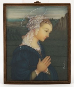 An antique miniature portrait of The Virgin Mary in profile, hand-painted on ivory, 19th/20th century, signed lower right (illegible), 8 x 6.5cm overall