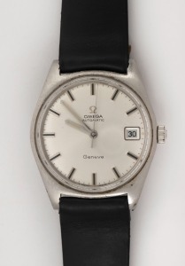 OMEGA "GENEVE" automatic wristwatch in stainless steel case with silver dial, baton numerals and date window, circa 1960. 3.8 cm wide including crown