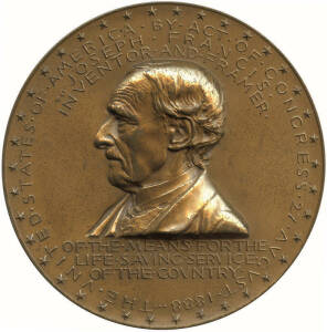 AMERICAN MEDALLIONS: Group of 4. Noted, "Joseph Francis, Inventer & Framer, of the Means for the Life Saving Service of the Country" 1888 in gilt metal (75mm); "Chicago World's Columbian Exposition" 1892 in white metal (55mm) & 2 other bronze examples.