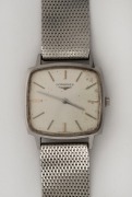 LONGINES manual wristwatch in square stainless steel case with silver dial, baton numerals and stainless steel mesh band, circa 1960. 3.1cm wide including crown