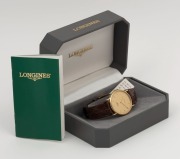 LONGINES wristwatch in rolled gold and stainless steel case with gold dial, circa 2000, with original brown leather band. Housed in original box with papers, 3.5cm wide including crown - 2