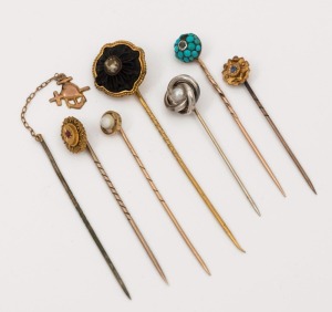 STICKPINS, a group of seven assorted examples set with pearls and stones, 19th and 20th century, ​​​​​​​the largest 7cm high