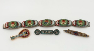 MICRO MOSAIC vintage bracelet and three brooches, all set in gilt metal, 20th century, (4 items), the bracelet 19cm long