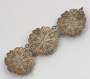 An antique Chinese gilded filigree silver bracelet adorned with numerous semiprecious cabochon stones, 19th/20th century, stamped "SILVER", ​​​​​​​19cm long, 5.5cm wide, 105 grams total - 2