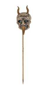 An unusual devil's head stickpin, 18ct gold and opal, 8.5cm high, 4.75 grams